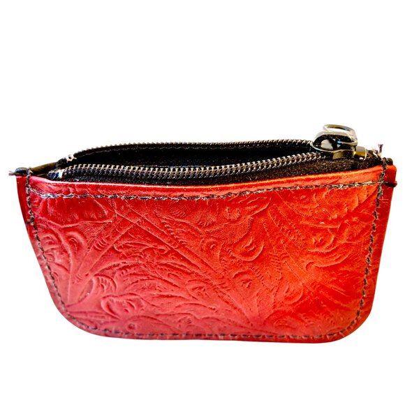 Mini Leather Zipper Pouch Emblossed Red & Black Hand Crafted Tiny New - Picture 6 of 11